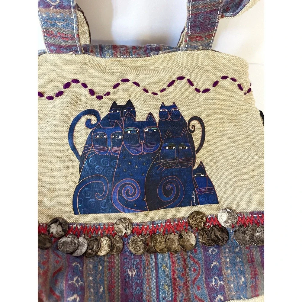 Laurel Burch Cats Travel Shoulder Tote Bag Beaded Embellished Zip Close Clean - Picture 2 of 6